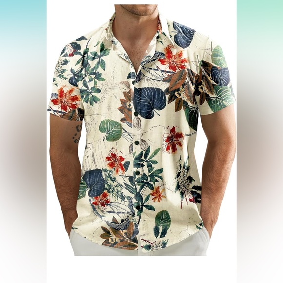 Jogal•Men's Tropical Floral Button Down Shirt - Picture 1 of 6